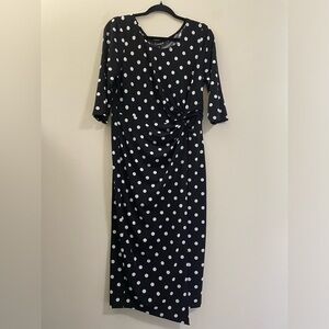 NWT Connected Apparel Polka Dot Faux Wrap Midi Dress in‎ Black and White - 10